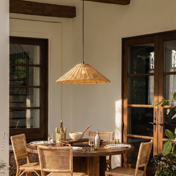 Lucande Lampă suspendată pentru exterior Taniola, 1 bec, conică, Ø 60 cm, reglabil, Lemn, Lemn, Casă de țară / Rustic