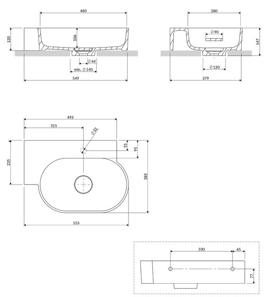 Omnires Ovo M+ lavoar 55x38 cm ovale de blat mat OVO555UWPTE