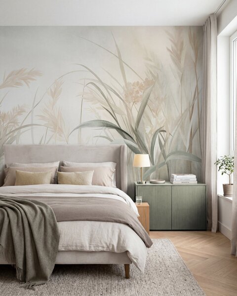 Tapet Iarbă înaltă și subțire și stuf, în nuanțe delicate și discrete de bej, crem și verde, cu textură, Fototapet Natură, w09981 : Uwalls.ro