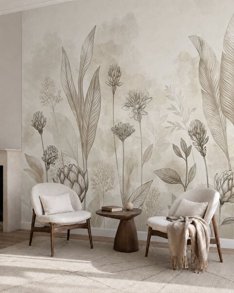 Tapet Compoziție botanică cu flori și frunze, Fototapet Flori, w05802 : Uwalls.ro