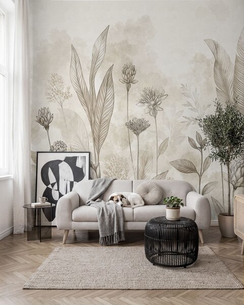 Tapet Compoziție botanică cu flori și frunze, Fototapet Flori, w05802 : Uwalls.ro