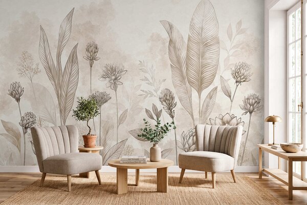 Tapet Compoziție botanică cu flori și frunze, Fototapet Flori, w05802 : Uwalls.ro