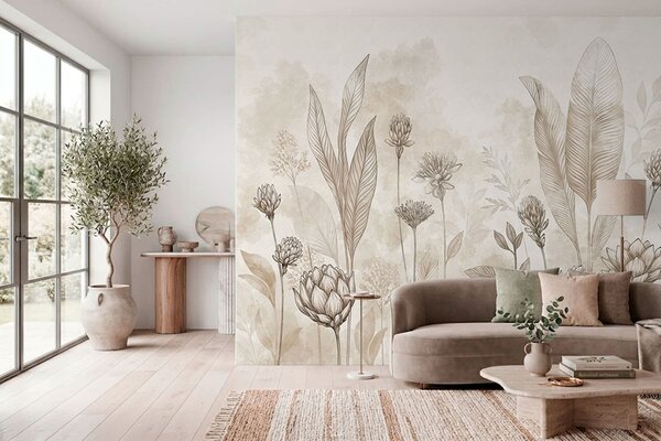 Tapet Compoziție botanică cu flori și frunze, Fototapet Flori, w05802 : Uwalls.ro