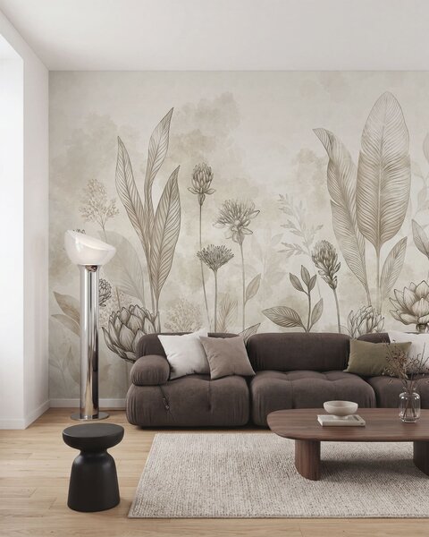 Tapet Compoziție botanică cu flori și frunze, Fototapet Flori, w05802 : Uwalls.ro
