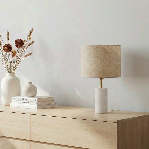 Lindby Lampă de masă Alabaster, alb/bej, Ø 25cm, marmură, E27, Bej, Camera de zi / sufragerie, Țesătură / Textil, Scandinavă