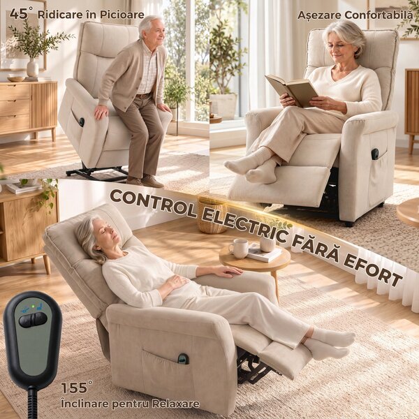 HOMCOM Fotoliu electric cu ridicare și reclinare 155° din chenille, pentru vârstnici, cu telecomandă și suport pentru picioare, crem | Aosom Romania