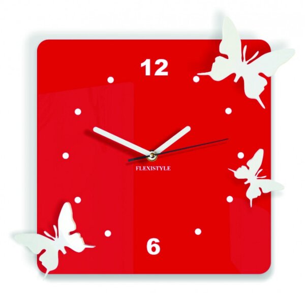 Ceas de perete modern din plastic - Fluturi, Culoare: roșu, alb, Dimensiune: 30x30 cm
