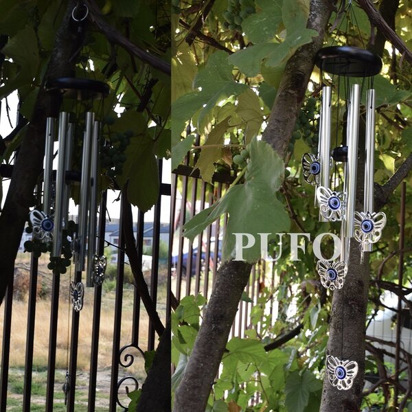 Clopotel de vant cu 5 tuburi sonore metalice argintii pentru casa sau gradina, model Feng-Shui cu 6 fluturi