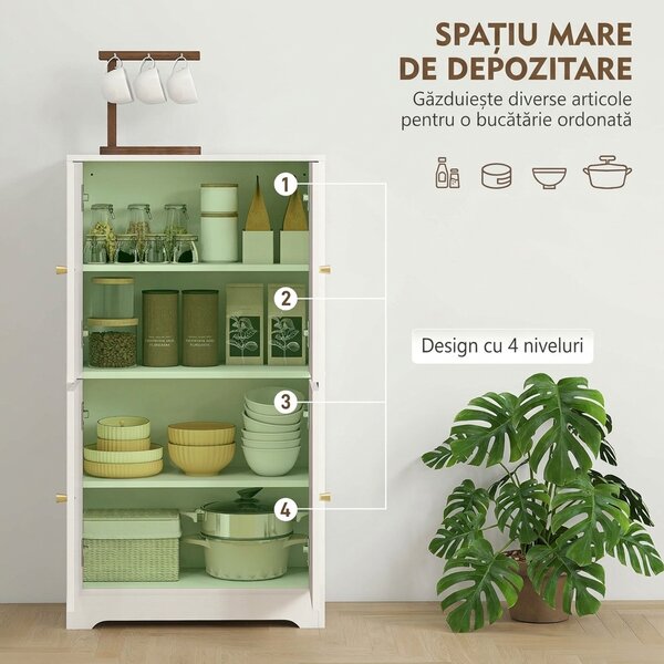 HOMCOM Comodă Bucătărie, Dulap Bucătărie cu 2 Dulapuri, 4 Uși Arcuite, 2 Rafturi Reglabile, cu Dispozitiv Anti-Răsturnare, 60x30x110 cm, pentru Sala de Masă, Living, Alb | Aosom Romania