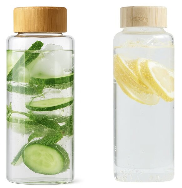 Sticla Pufo Hydrate pentru apa sau lichide din material borosilicat, capac bambus, 1L