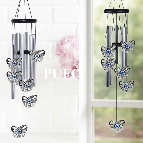 Clopotel de vant cu 5 tuburi sonore metalice argintii pentru casa sau gradina, model Feng-Shui cu 6 fluturi