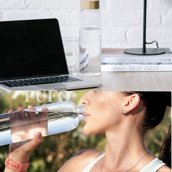 Sticla Pufo Hydrate pentru apa sau lichide din material borosilicat, capac bambus, 1L