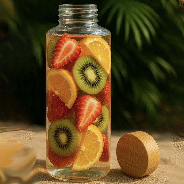 Sticla Pufo Hydrate pentru apa sau lichide din material borosilicat, capac bambus, 1L