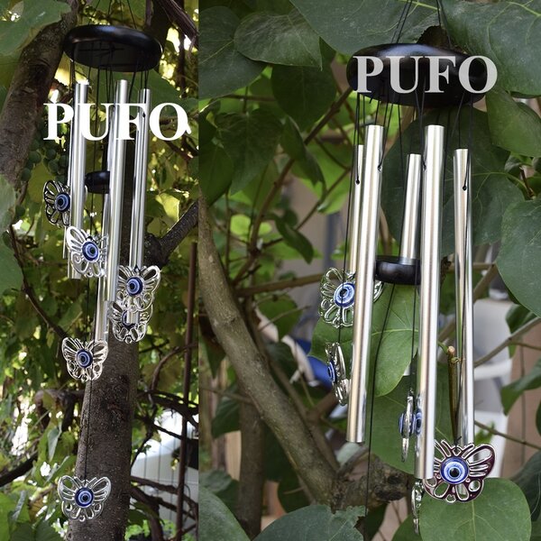Clopotel de vant cu 5 tuburi sonore metalice argintii pentru casa sau gradina, model Feng-Shui cu 6 fluturi
