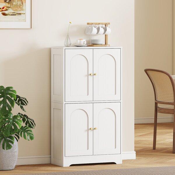 HOMCOM Comodă Bucătărie, Dulap Bucătărie cu 2 Dulapuri, 4 Uși Arcuite, 2 Rafturi Reglabile, cu Dispozitiv Anti-Răsturnare, 60x30x110 cm, pentru Sala de Masă, Living, Alb | Aosom Romania