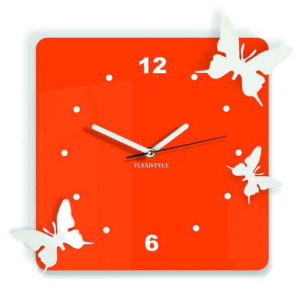 Ceas de perete modern din plastic - Fluturi, Culoare: portocaliu, alb, Dimensiune: 30x30 cm