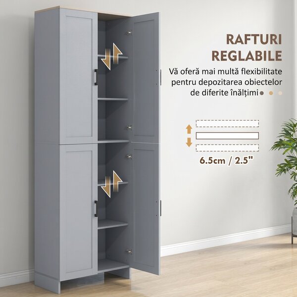 HOMCOM Dulap cămară de bucătărie din lemn cu 2 rafturi reglabile și 4 uși, 60x30x170,5 cm, gri | Aosom Romania