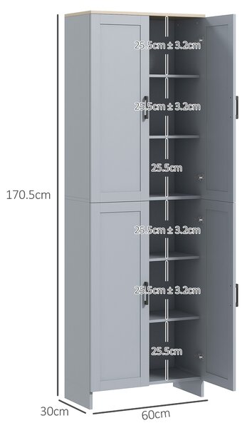 HOMCOM Dulap cămară de bucătărie din lemn cu 2 rafturi reglabile și 4 uși, 60x30x170,5 cm, gri | Aosom Romania