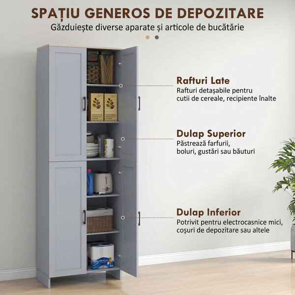 HOMCOM Dulap cămară de bucătărie din lemn cu 2 rafturi reglabile și 4 uși, 60x30x170,5 cm, gri | Aosom Romania