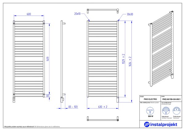 Instal Projekt Piko Electro încălzitor electric 152.9x63 cm alb PIKE-60/150+GH-09C1