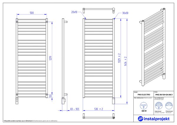 Instal Projekt Piko Electro încălzitor electric 132.9x53 cm negru PIKE-50/130C31+GH-06C2