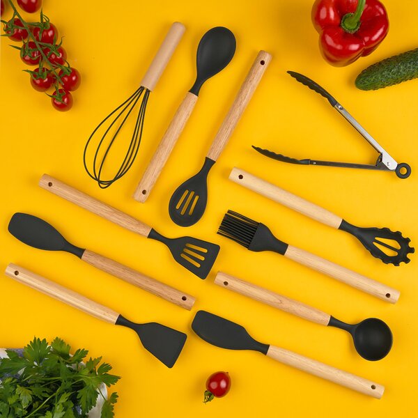 Set ustensile bucatarie 12 piese, marime mica xs 500g, lemn si silicon alimentar, termorezistente, antiaderente, suport blat, onuvio® daria mini - negru