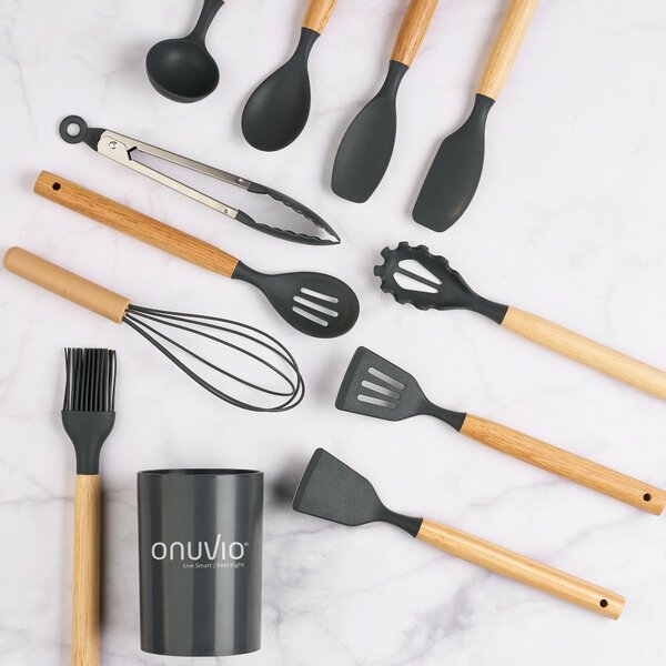 Set ustensile bucatarie 12 piese, marime mica xs 500g, lemn si silicon alimentar, termorezistente, antiaderente, suport blat, onuvio® daria mini - gri