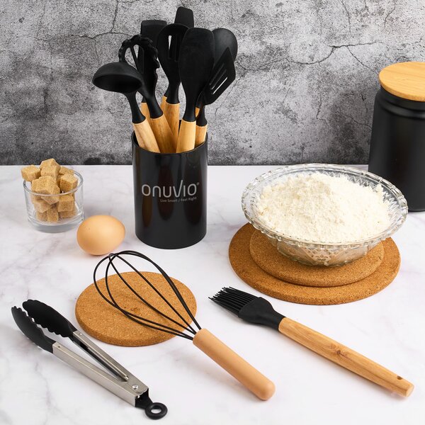 Set ustensile bucatarie 12 piese, marime mica xs 500g, lemn si silicon alimentar, termorezistente, antiaderente, suport blat, onuvio® daria mini - negru