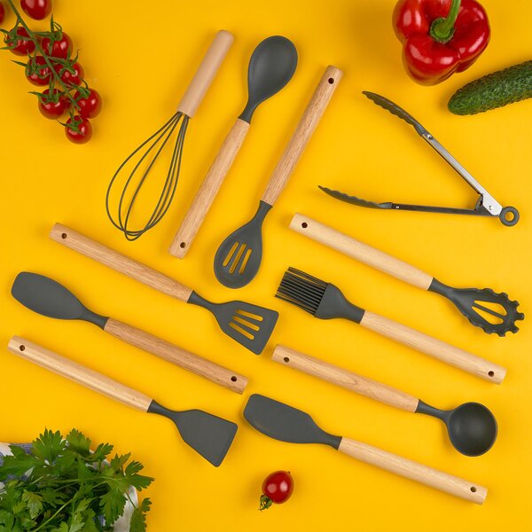 Set ustensile bucatarie 12 piese, marime mica xs 500g, lemn si silicon alimentar, termorezistente, antiaderente, suport blat, onuvio® daria mini - gri