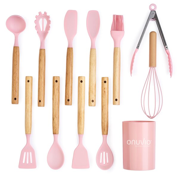 Set ustensile bucatarie 12 piese, marime mica xs 500g, lemn si silicon alimentar, termorezistente, antiaderente, suport blat, onuvio® daria mini - roz