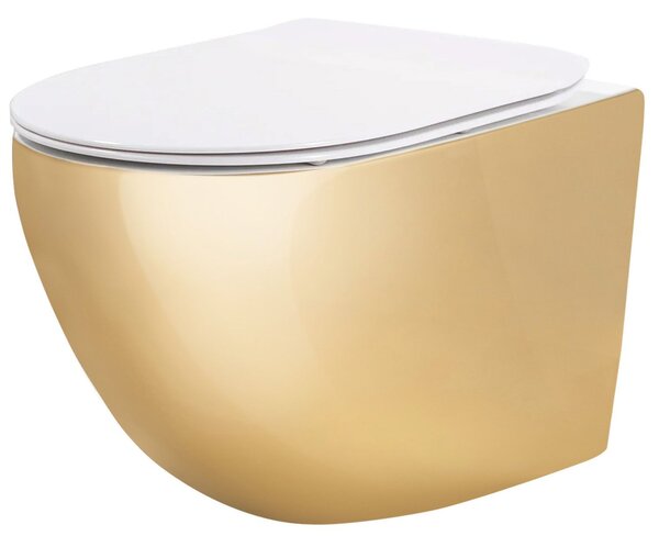 Rea Carlo Mini Tornado NF, vas WC suspendat 490x365x350mm + capac WC, alb-auriu lucios, REA-C6808