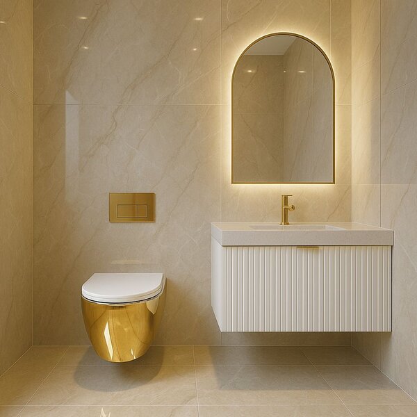 Rea Carlo Mini Tornado NF, vas WC suspendat 490x365x350mm + capac WC, alb-auriu lucios, REA-C6808
