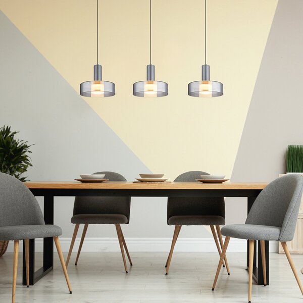 Globo Grant Lampă suspendată LED, lungime 90 cm, gri fum, 3 becuri, sticlă, Gri, Camera de zi / sufragerie, Aluminiu