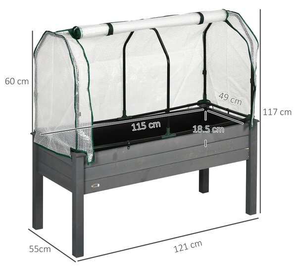 Outsunny Pat de Grădină Înălțat cu Acoperiș din PE, Jardinieră din Lemn pentru Exterior cu 4 Orificii de Drenaj, pentru Flori și Legume, pentru Grădină, Balcon, 121x55x117 cm, Gri Închis | Aosom Romania