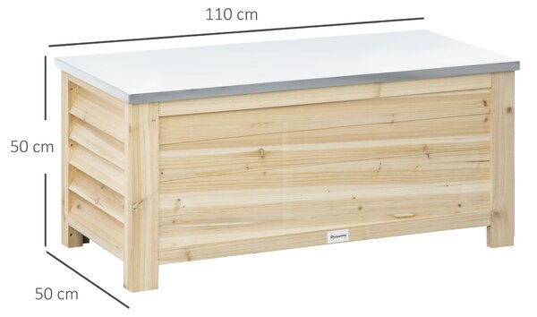 Outsunny Ladă de Depozitare Exterior din Lemn cu Capac Metalic Galvanizat și Design cu Șipci 110x50x50 cm Lemn Natural | Aosom Romania