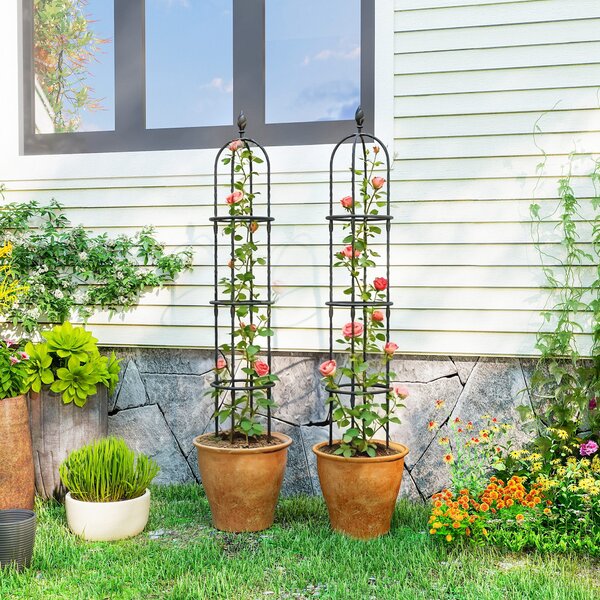 Outsunny Set de 2 Suporturi pentru Plante Cățărătoare înalte de 1,74 m, Suporturi din Oțel cu Decorațiuni, pentru Trandafiri, Roșii, Flori, Mazăre și Legume, Negru | Aosom Romania