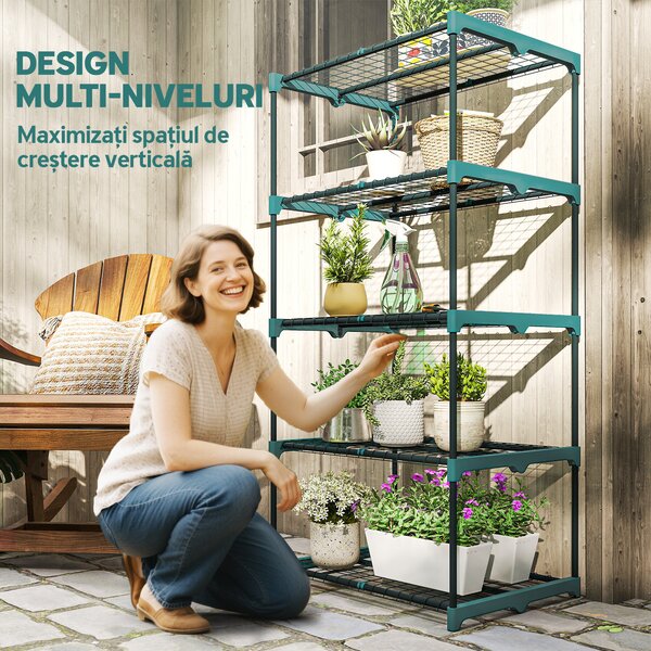 Outsunny Suport pentru Plante Vertical cu 5 Niveluri din Oțel și Plastic, Suport Ghivece pentru Interior și Exterior Grădină Balcon, 67x49x138 cm, Verde Închis | Aosom Romania