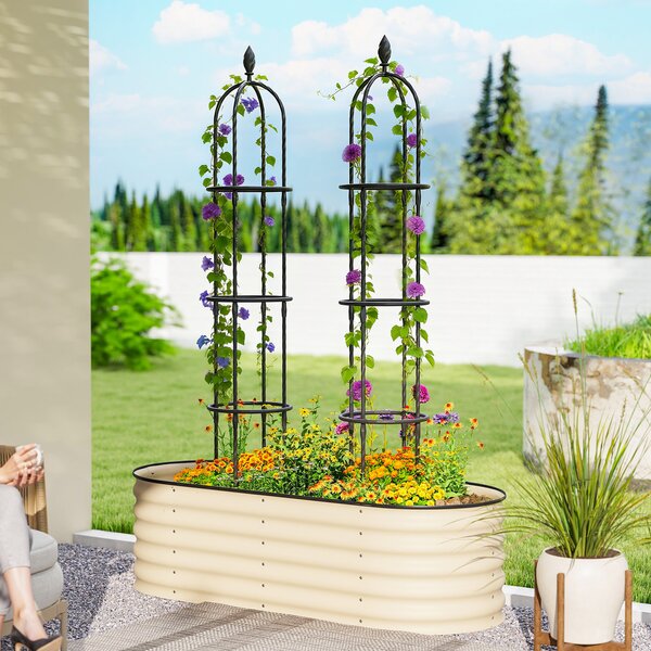 Outsunny Set de 2 Suporturi pentru Plante Cățărătoare înalte de 1,74 m, Suporturi din Oțel cu Decorațiuni, pentru Trandafiri, Roșii, Flori, Mazăre și Legume, Negru | Aosom Romania