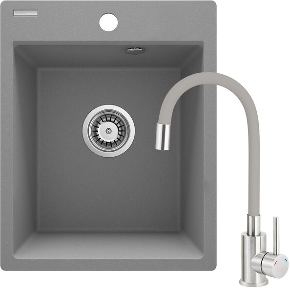 Deante Corio, set chiuvetă granit cu baterie, 1 compartiment 400, 350x500x211 mm, gri metalic, oțel, ZRCPS103