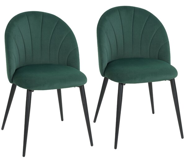 HOMCOM Set de 2 Scaune de Sufragerie din Catifea, Scaune Bucătărie cu Spătar Curbat în Formă de Scoică, Picioare din Metal, Stil Nordic, Scaun Tapițat pentru Bucătărie, Dormitor, Cameră de Zi, Verde Închis | Aosom Romania