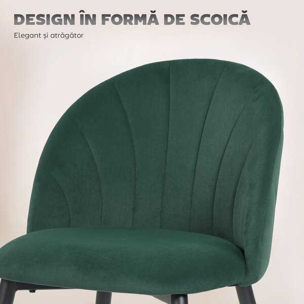 HOMCOM Set de 2 Scaune de Sufragerie din Catifea, Scaune Bucătărie cu Spătar Curbat în Formă de Scoică, Picioare din Metal, Stil Nordic, Scaun Tapițat pentru Bucătărie, Dormitor, Cameră de Zi, Verde Închis | Aosom Romania