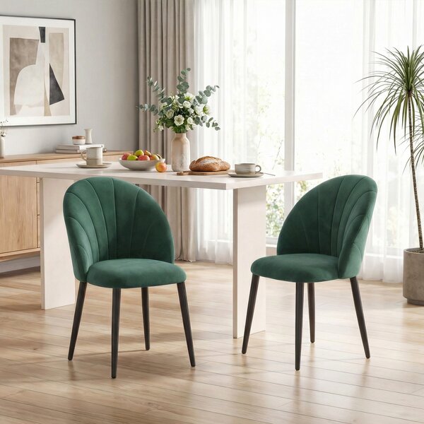 HOMCOM Set de 2 Scaune de Sufragerie din Catifea, Scaune Bucătărie cu Spătar Curbat în Formă de Scoică, Picioare din Metal, Stil Nordic, Scaun Tapițat pentru Bucătărie, Dormitor, Cameră de Zi, Verde Închis | Aosom Romania