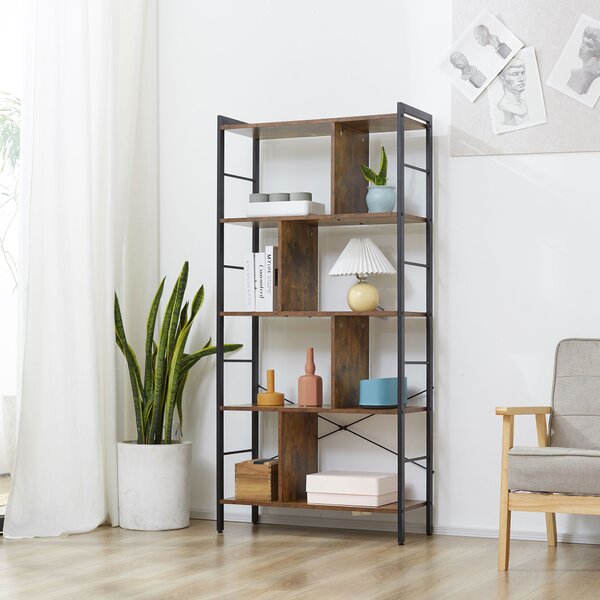 HOMCOM Bibliotecă etajeră de depozitare cu 5 nivele și compartimente deschise 74 x 30 x 157,5 cm brun rustic și negru | Aosom Romania