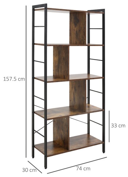 HOMCOM Bibliotecă etajeră de depozitare cu 5 nivele și compartimente deschise 74 x 30 x 157,5 cm brun rustic și negru | Aosom Romania