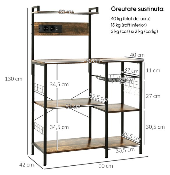 HOMCOM Raft de Bucatarie cu Prize Mutiple, Dulap Bucatarie pentru Microunde cu Rafturi si Cos din Sarma Stil Industrial, 90x42x130cm, Maro