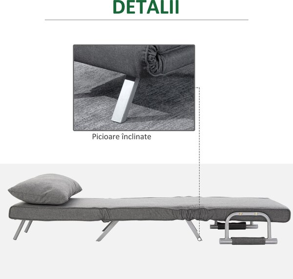 HOMCOM Canapea Extensibilă cu Poziție Reglabilă în 5 Niveluri, Canapea pliabilă cu pernă, 65x69x80 cm, Gri | Aosom Romania
