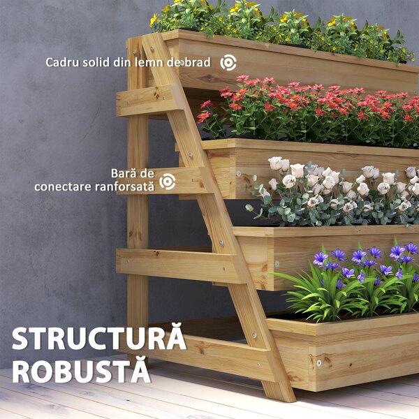 Outsunny Strat de Grădină Înălțat pe 4 Niveluri și Orificii de Drenaj, 75x57x60,5 cm, Lemn Natural | Aosom Romania