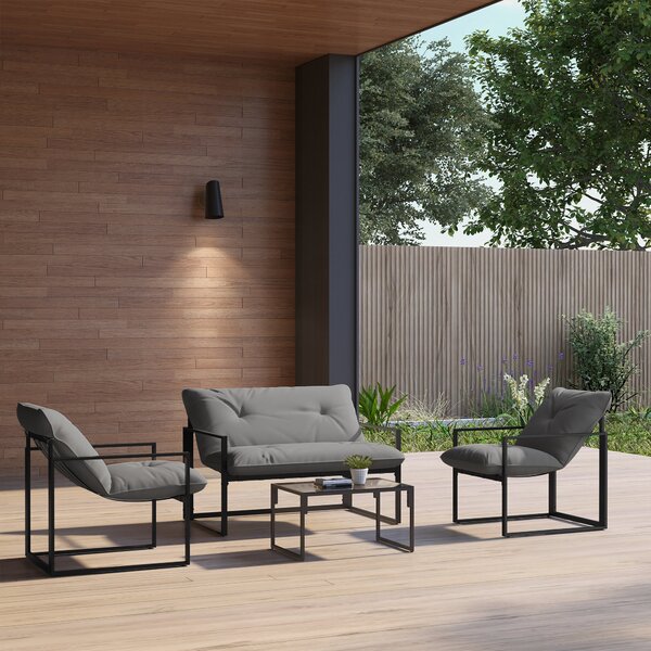 Outsunny Set Mobilier de Exterior cu Măsuță din Sticlă, Canapea, 2 Fotolii și Perne, Gri | Aosom Romania