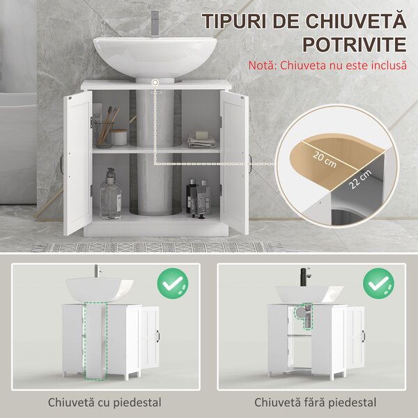Kleankin Dulap pentru Chiuvetă cu Piedestal, Dulap Sub Chiuvetă cu 2 Uși și Raft Reglabil, Dulap de Baie cu Decupaj în Formă de U, Alb | Aosom Romania