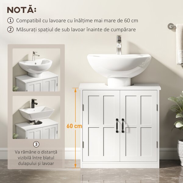 Kleankin Dulap pentru Chiuvetă cu Piedestal, Dulap Sub Chiuvetă cu 2 Uși și Raft Reglabil, Dulap de Baie cu Decupaj în Formă de U, Alb | Aosom Romania